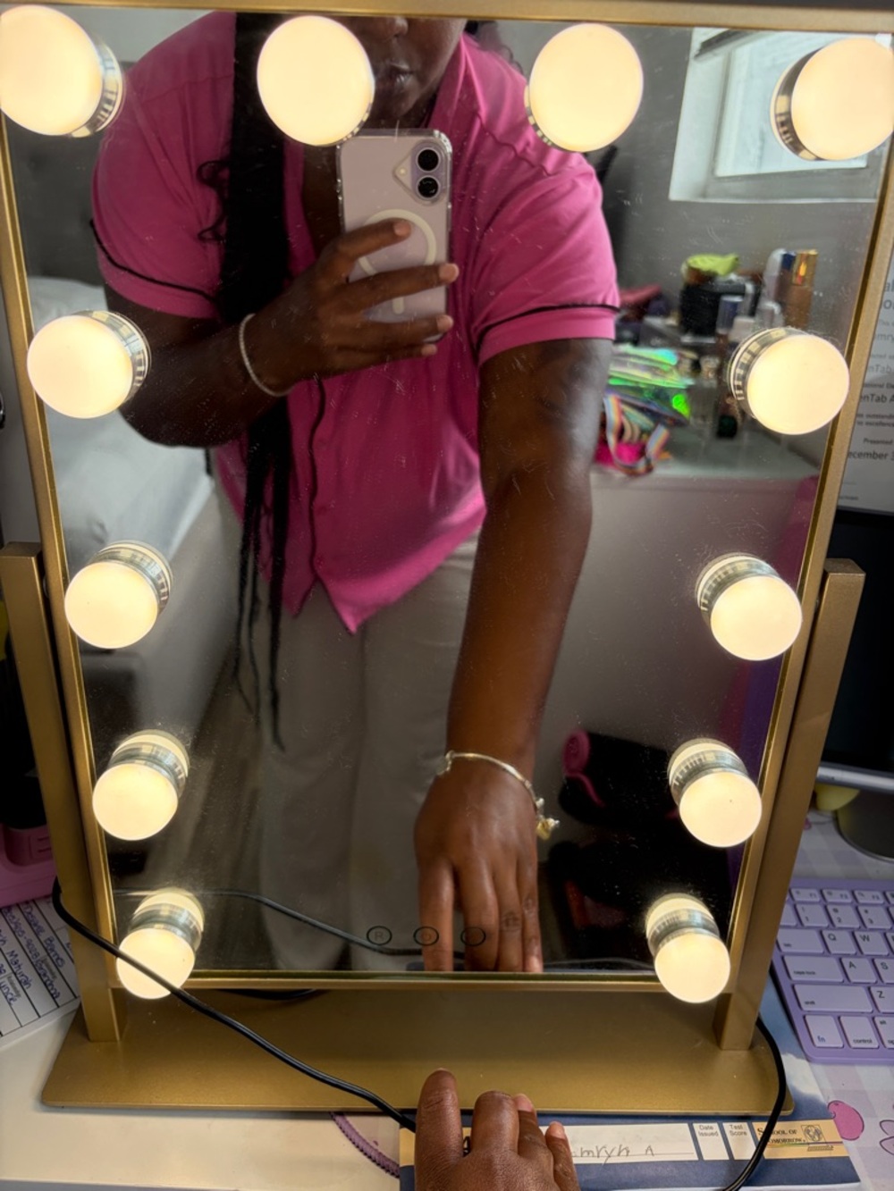 Gold Framed Hollywood Vanity Mirror with Bulbs - Pink Reflection